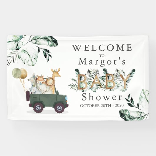 Safari Dieren rijden door Baby shower Greenery Gol Spandoek (Horizontaal)