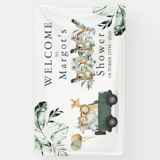Safari Dieren rijden door Baby shower Greenery Gol Spandoek (Verticaal)