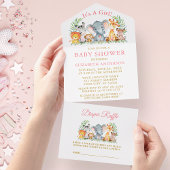 Safari Dieren Roze Baby shower en Raffle Gold All In One Uitnodiging