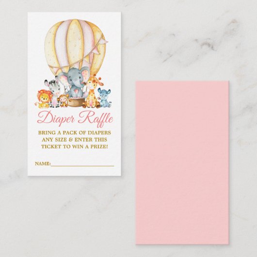 Safari Dieren Roze Ballon Luier Raffle Douche Informatiekaartje (Voorkant / Achterkant)