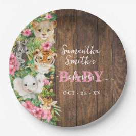 Safari Dieren Roze Rustieke Baby Shower Papieren Bordje
