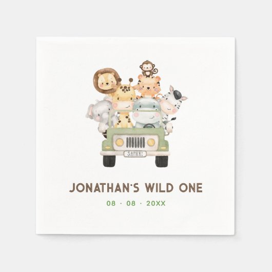 Safari Dieren Servetten - Jongen 1e Wild Een Verja (Voorkant)