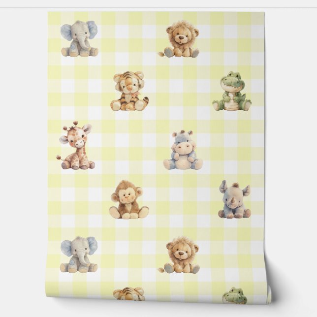 Safari Dieren Speelgoed Geel Plaid Baby Kwekerij Behang (Afrollen)