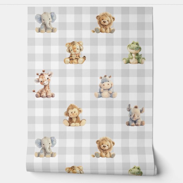 Safari Dieren Speelgoed Grijs Plaid Baby Boy Kweke Behang (Afrollen)