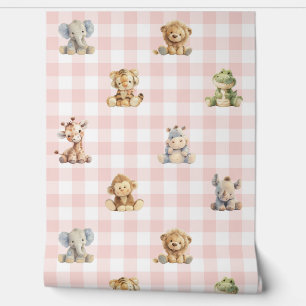 Safari Dieren Speelgoed Roze Plaid Baby Girl Nurse Behang