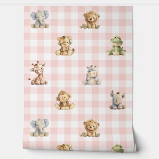 Safari Dieren Speelgoed Roze Plaid Baby Girl Nurse Behang