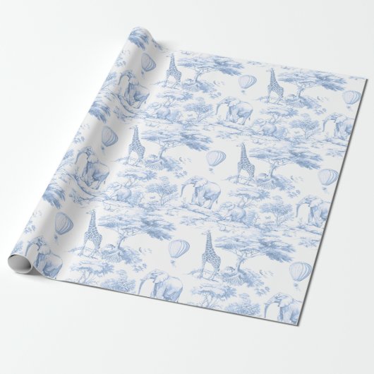Safari Dieren Toile de Jouy Dusty Blue Cadeaupapier (Uitgerold)