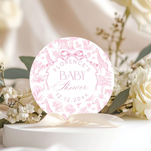 Safari dieren Toile de Jouy Roze Baby shower Ronde Sticker