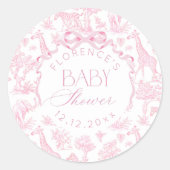 Safari dieren Toile de Jouy Roze Baby shower Ronde Sticker (Voorkant)