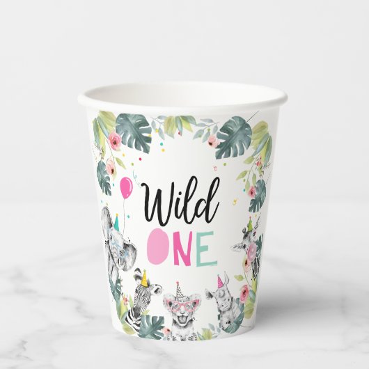 Safari Dieren Twee Wild Birthday Pink Girl Papieren Bekers (Voorkant)