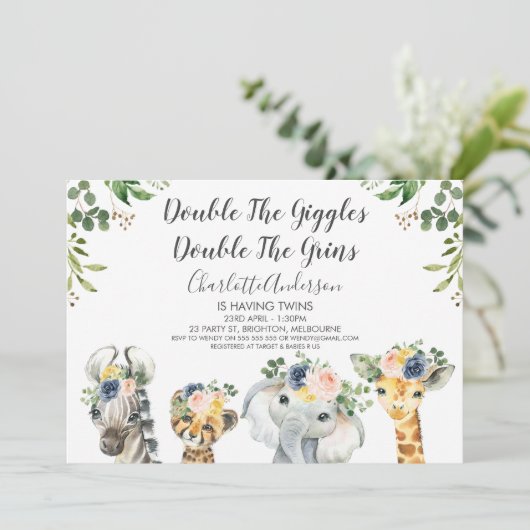Safari Dieren Tweeling Baby Shower Uitnodiging (Staand voorkant)