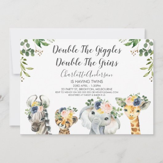 Safari Dieren Twins Baby shower Uitnodiging (Voorkant)