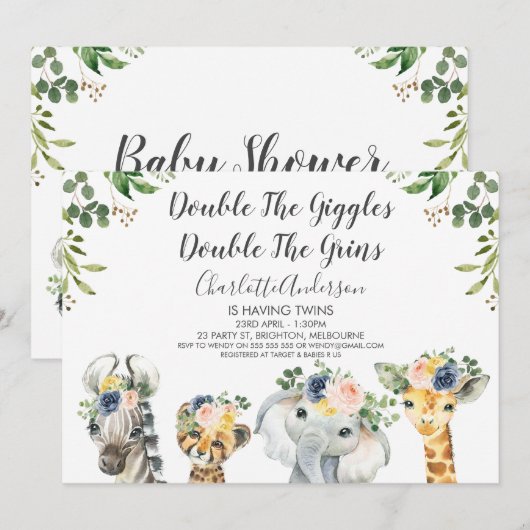 Safari Dieren Twins Baby shower Uitnodiging (Voorkant / Achterkant)