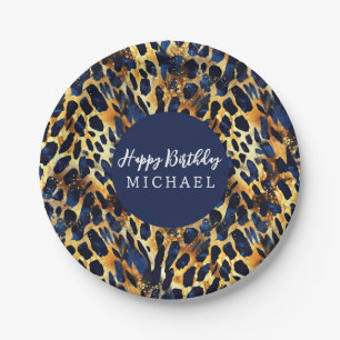 Safari Dieren Vacht Prints Patroon Navy Blauwe Gou Papieren Bordje