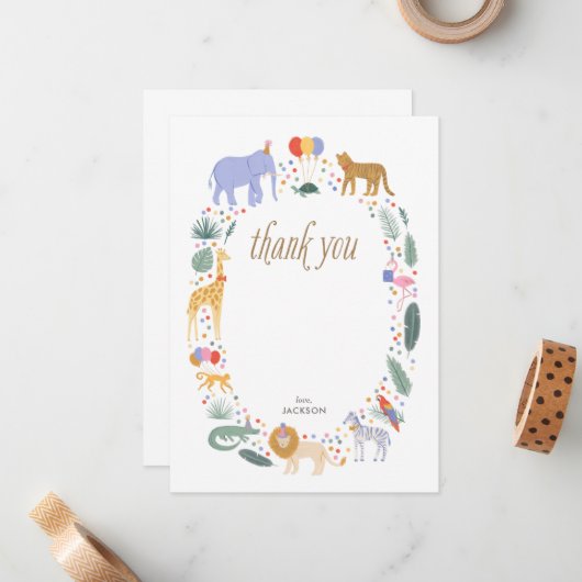 Safari Dieren Verjaardagsfeestje Dank u Notitiekaartje (Voorkant / Achterkant in situ)
