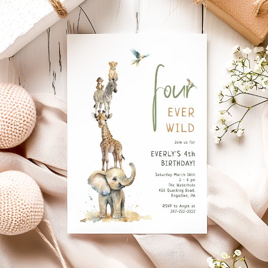Safari Dieren Vier Ooit Wilde Kinderen Verjaardag Kaart