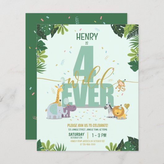 Safari Dieren Vier Wilde Budget Verjaardag (Voorkant / Achterkant)