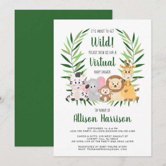 Safari Dieren Virtueel Baby shower Kaart (Voorkant / Achterkant)
