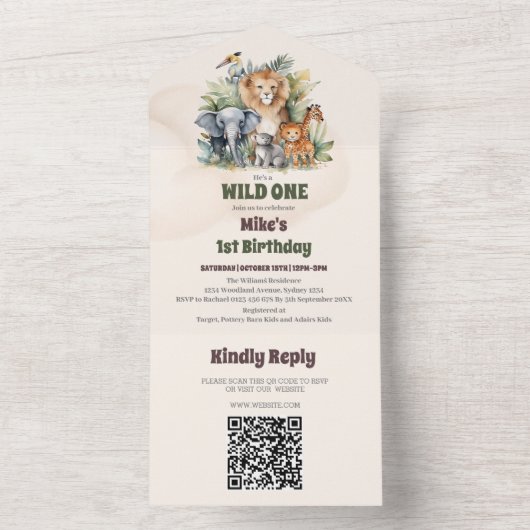 Safari Dieren Wild Een 1e Verjaardag All In One Uitnodiging (Binnen)