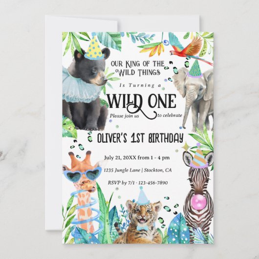 Safari Dieren Wild Een 1e Verjaardag Kaart (Voorkant)