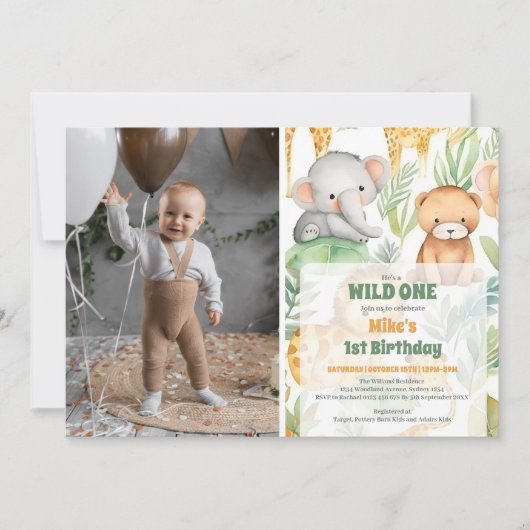 Safari Dieren Wild Een 1e Verjaardag Kaart (Voorkant)