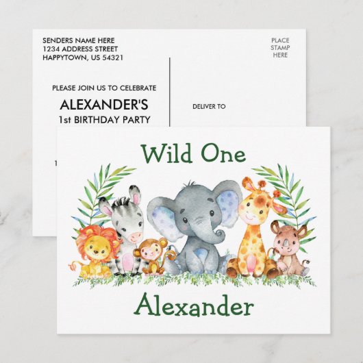 Safari Dieren Wild Eén 1e Verjaardagsuitnodiging Briefkaart (Voorkant / Achterkant)