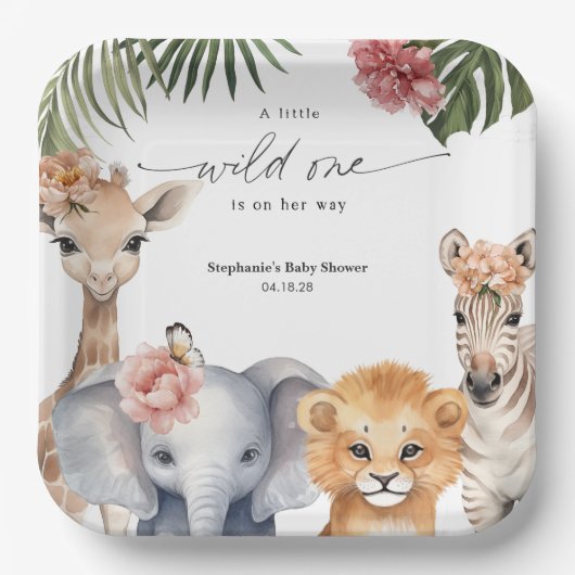 Safari Dieren Wild Een Baby Meisje Douche Papieren Bordje (Voorkant)