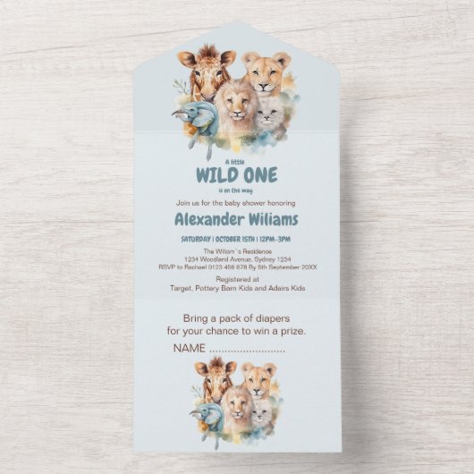 Safari Dieren Wild Eén Baby shower All In One Uitnodiging (Binnen)