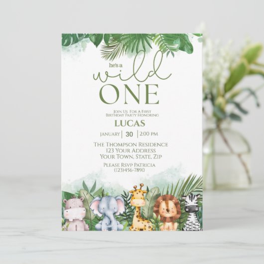 Safari Dieren Wild Een Boys Eerste Dag Kaart (Staand voorkant)