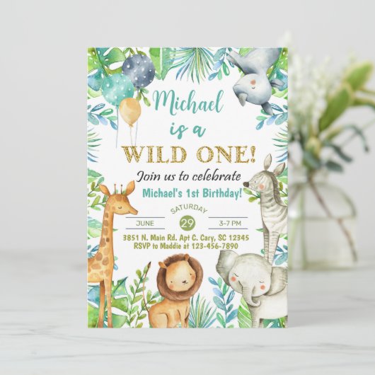 Safari dieren Wild Een jongen nodigt uit voor 1 ve Kaart (Staand voorkant)