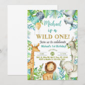 Safari dieren Wild Een jongen nodigt uit voor 1 ve Kaart (Voorkant / Achterkant)