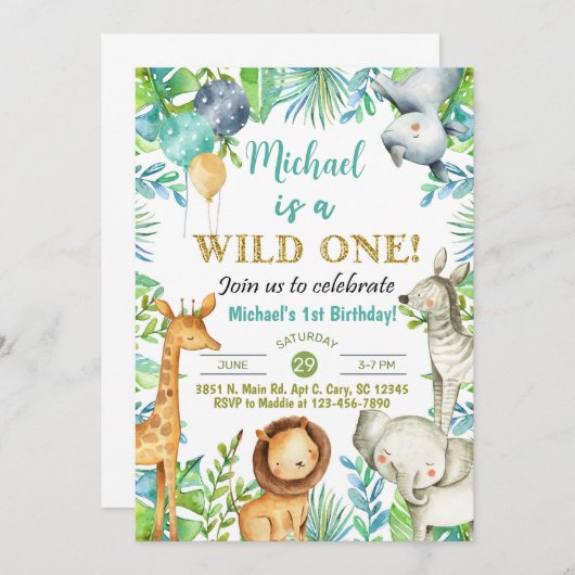 Safari dieren Wild Een jongen nodigt uit voor 1 ve Kaart (Voorkant / Achterkant)