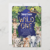 Safari Dieren wild een marineblauw 1e verjaardag Kaart (Voorkant)