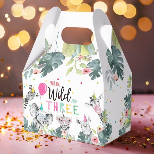 Safari Dieren Wild en drie verjaardag Roze Meisje Bedankdoosjes