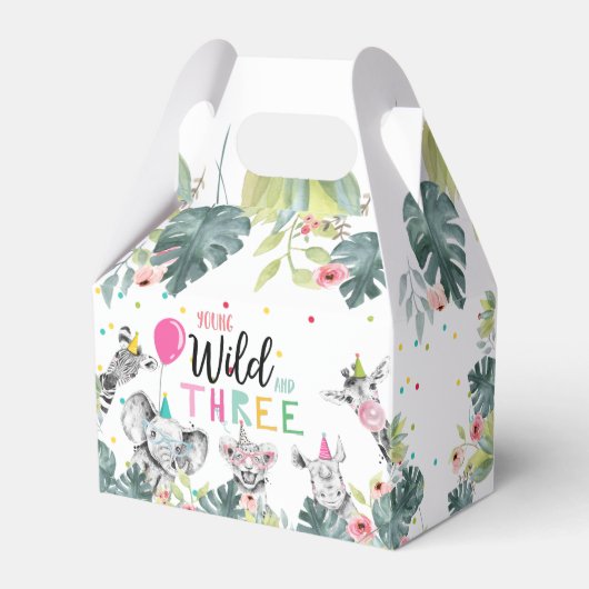 Safari Dieren Wild en drie verjaardag Roze Meisje Bedankdoosjes (Voorkant Zijde)
