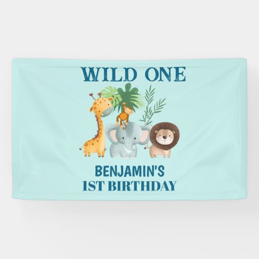 Safari Dieren Wild One Jungle 1e Verjaardag Spandoek (Horizontaal)