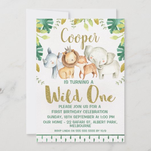 Safari Dieren Wilde 1 1e verjaardag Uitnodiging (Voorkant)