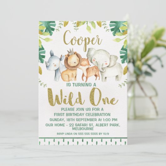 Safari Dieren Wilde 1 1e verjaardag Uitnodiging (Staand voorkant)