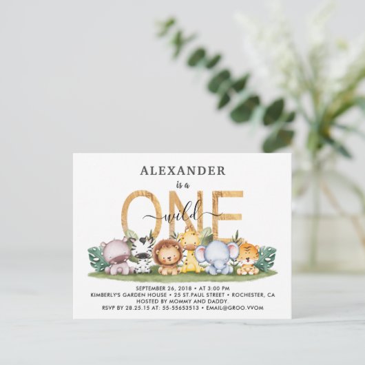 Safari Dieren Wilde 1 1e verjaardag Uitnodiging (Staand voorkant)
