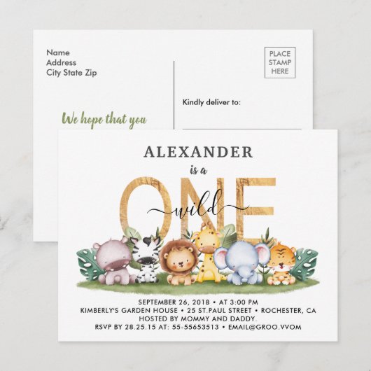 Safari Dieren Wilde 1 1e verjaardag Uitnodiging (Voorkant / Achterkant)