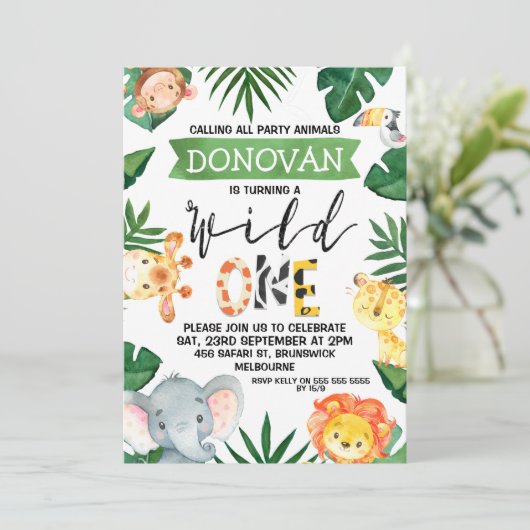 Safari Dieren Wilde 1 1e verjaardag Uitnodiging (Staand voorkant)