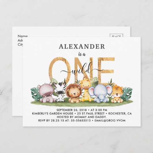 Safari Dieren Wilde 1 1e verjaardag uitnodiging Po (Voorkant / Achterkant)