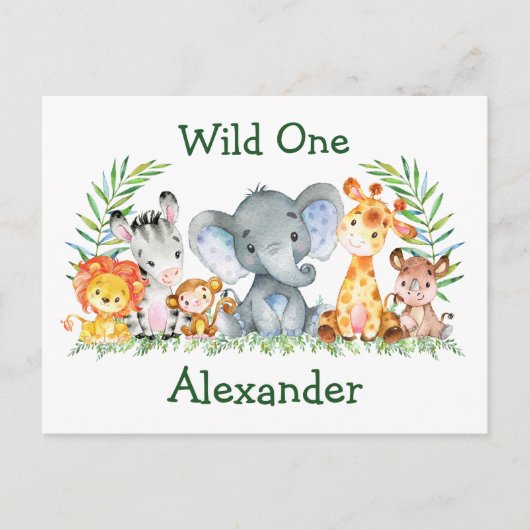 Safari Dieren Wilde Eén 1e Verjaardagsuitnodiging Briefkaart (Voorkant)