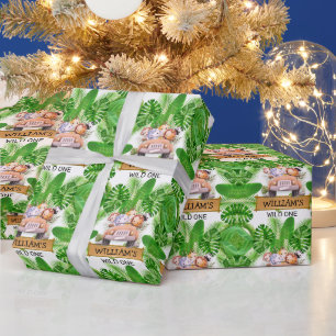 Safari Dieren Wilde Eén Verjaardag Cadeaupapier