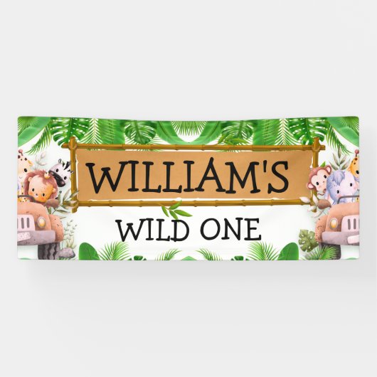 Safari Dieren Wilde Eén Verjaardag Spandoek (Horizontaal)