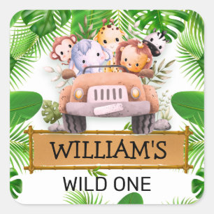 Safari Dieren Wilde Eén Verjaardag Vierkante Sticker