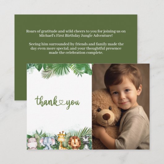 Safari Dieren Wilde Eerste Jongens Verjaardag Foto Bedankkaart (Voorkant / Achterkant)