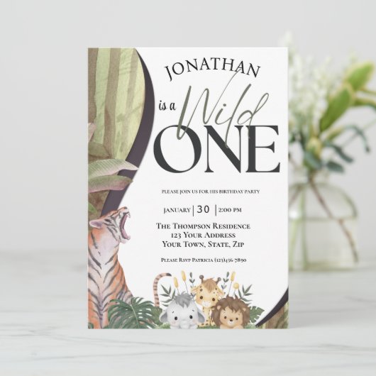 Safari Dieren Wilde Eerste Verjaardag Kaart (Staand voorkant)
