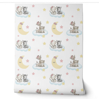Safari Dieren Wolken Sterren Maan Baby Meisje Kind Behang