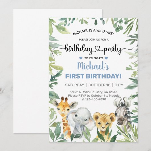 Safari-dieren worden uitgenodigd voor hun verjaard kaart (Voorkant / Achterkant)